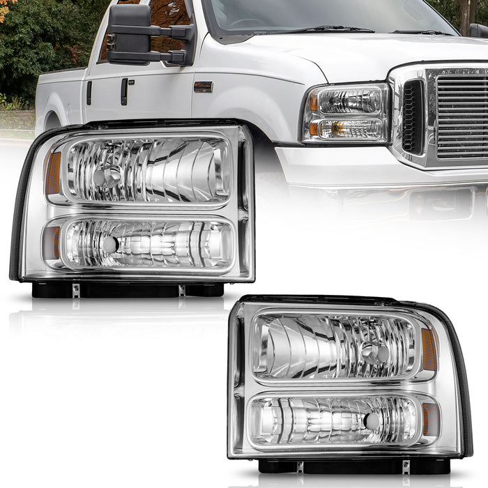 WEELMOTO Headlights Assembly For 2005-2007 Ford F250 F350 F450 F550 Super Duty Chrome Headlamps Pair