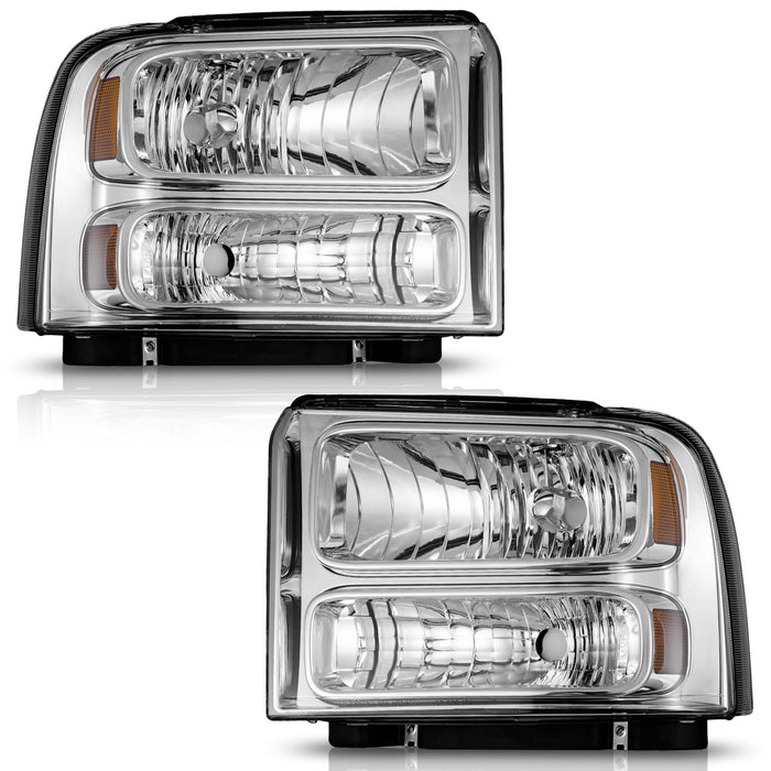 WEELMOTO Headlights Assembly For 2005-2007 Ford F250 F350 F450 F550 Super Duty Chrome Headlamps Pair
