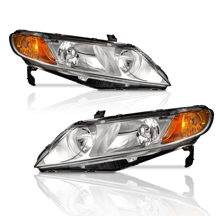 WEELMOTO For 2006-2011 Honda Civic 4DR Headlights Assembly Pair Headlamp Replacement Chrome Housing Amber Reflector