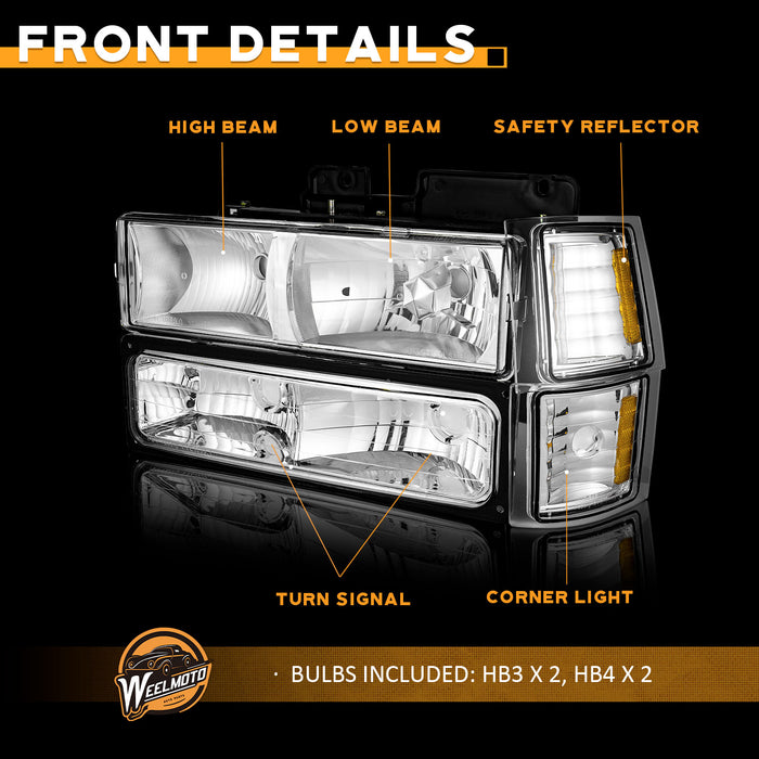 For 1994-1998 Chevy C10 Pickup Truck C/K 1500 2500 3500 Silverado Tahoe Suburban Headlight(Chrome)