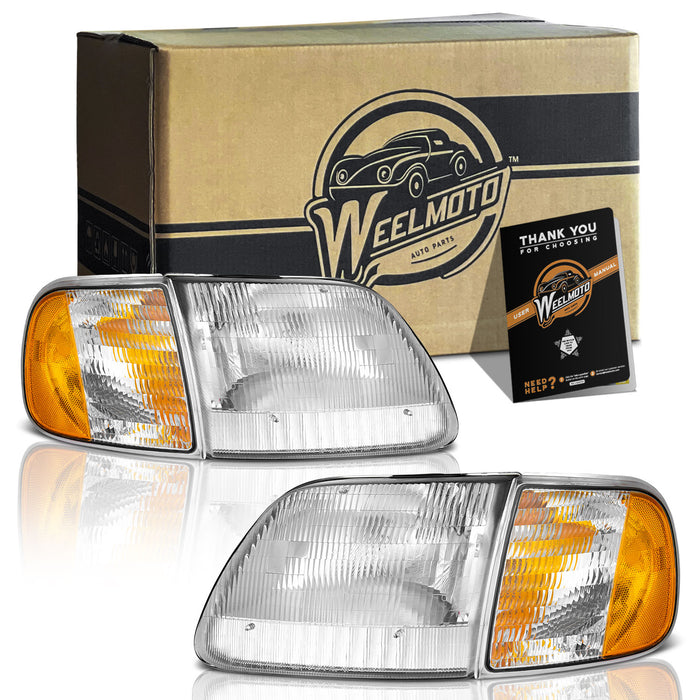 WEELMOTO Headlights Assembly for 1997-2003 F150 / 1997-2002 Ford Expedition / 1998-1999 F250 Selected Models, Headlamp+Corner Parking Turn Signal Marker Light