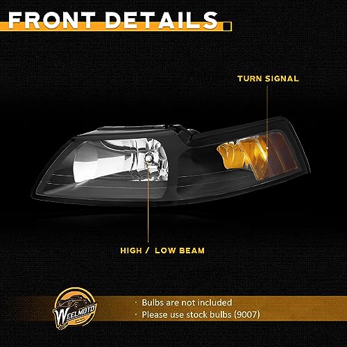 WEELMOTO Halogen Headlights Assembly For 1999-2004 Ford Mustang Pair Replacement Chrome Housing Amber Reflector Set