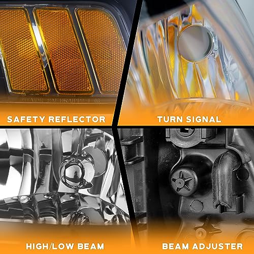 WEELMOTO Halogen Headlights Assembly For 1999-2004 Ford Mustang Pair Replacement Chrome Housing Amber Reflector Set