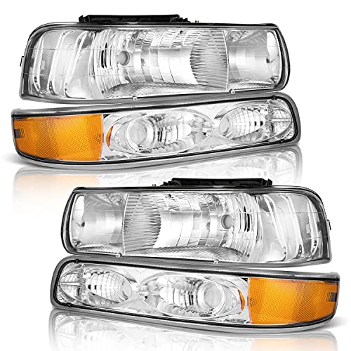 WEELMOTO Headlights Assembly for 99-02 Chevy Silverado 1500 2500; for 01-02 Silverado 1500HD 2500HD 3500HD; for 00-06 Tahoe Suburban 1500 2500; Headlight+Bumper Parking Turn Signal Marker Light 4PCS